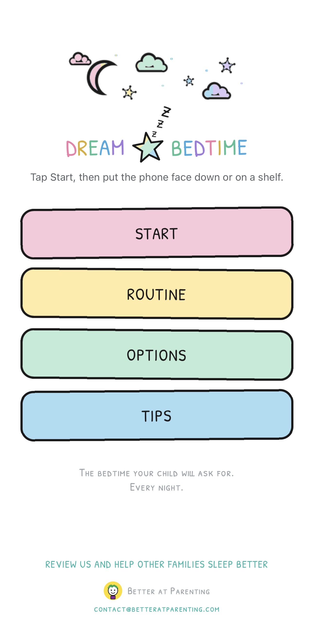 Dream Star Bedtime home screen with Start, Routine, Options and Tips
