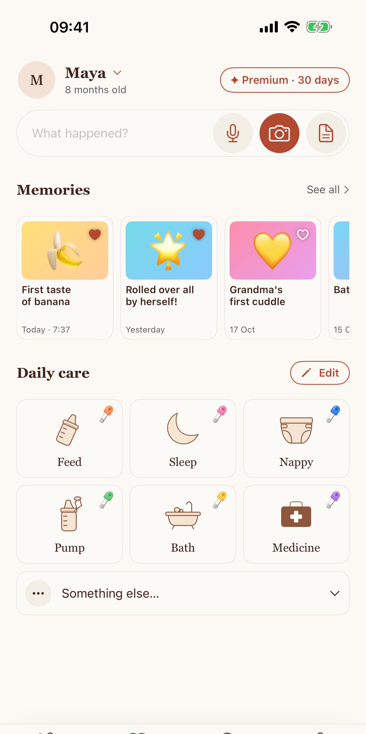 ParentNote Daybook: favourite memories at the top and six daily care actions below